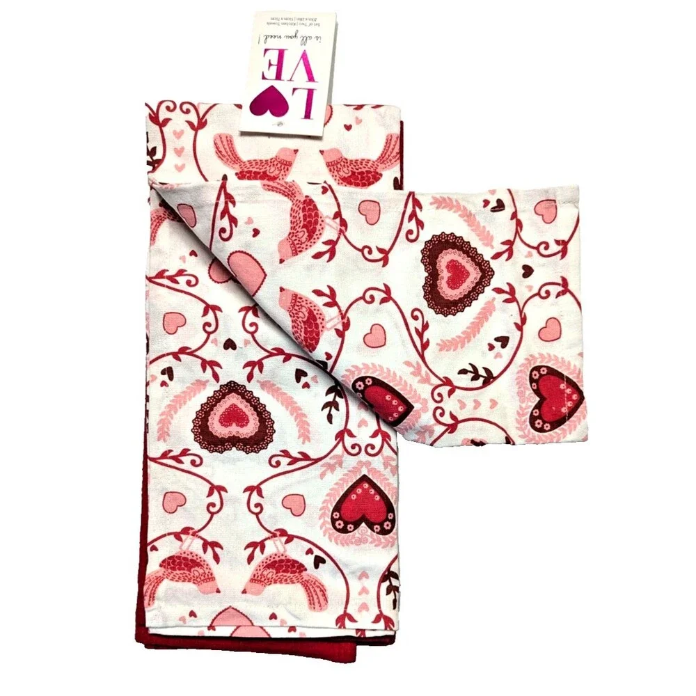 Love is All You Need Kitchen Towels 2-Pc Red Beaded Birds Hearts Valentine Gift